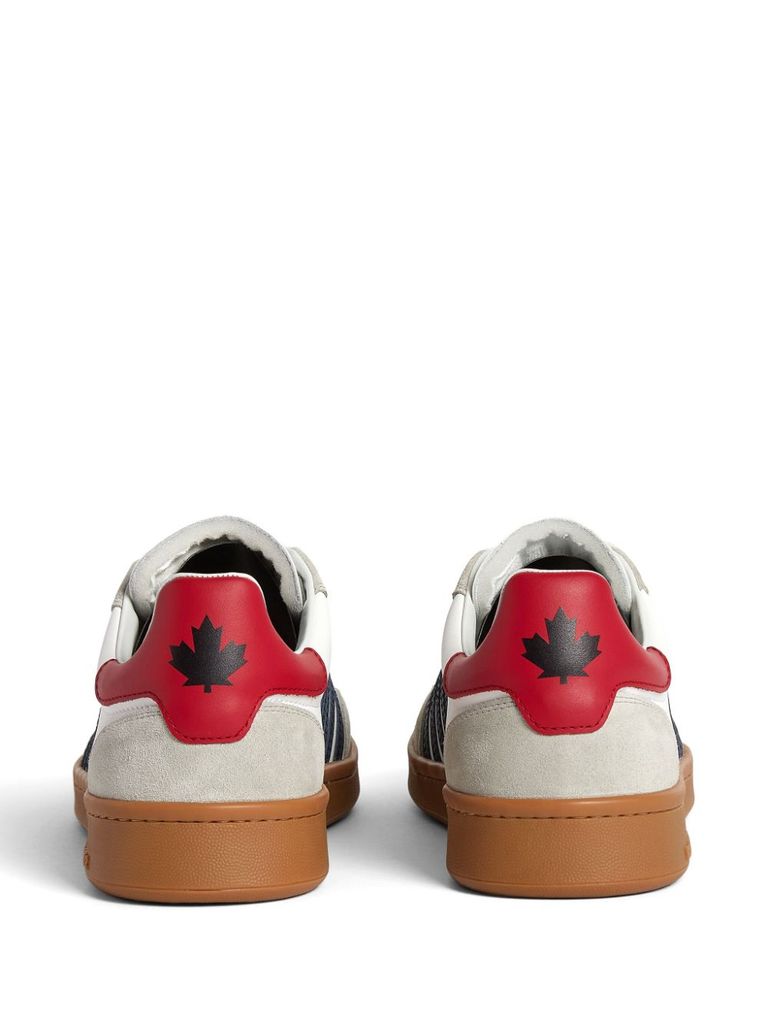 Shop Dsquared2 Iconic Boxer Sneakers In Calfskin Leather With Black Side Stripes And Red Heel In Bianco