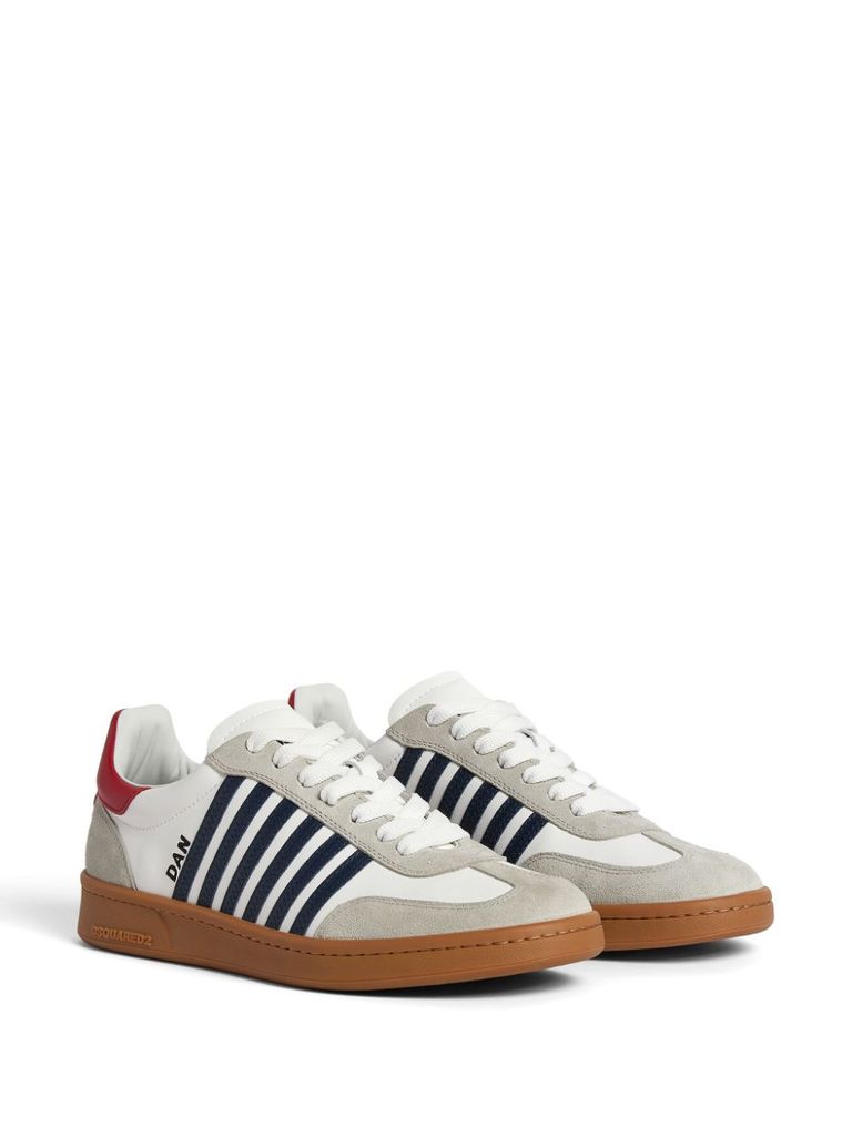 Shop Dsquared2 Iconic Boxer Sneakers In Calfskin Leather With Black Side Stripes And Red Heel In Bianco