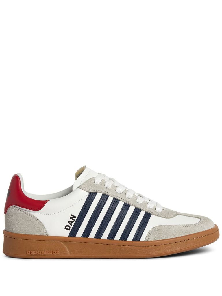 Shop Dsquared2 Iconic Boxer Sneakers In Calfskin Leather With Black Side Stripes And Red Heel In Bianco