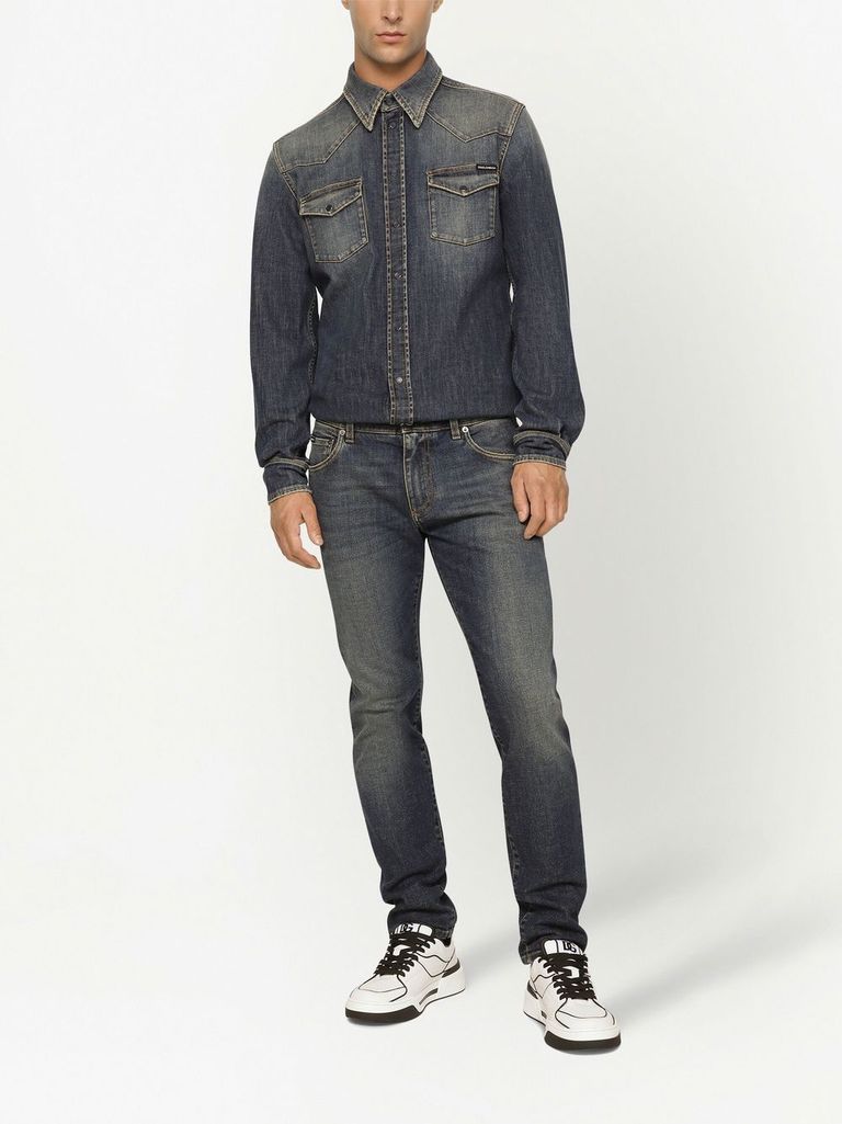 Shop Dolce & Gabbana Straight Cut Stretch Cotton Jeans With Distressed Effect In Nero