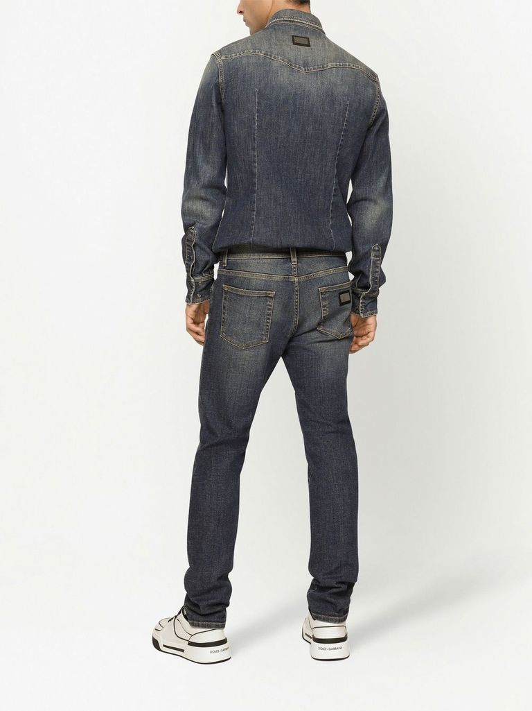 Shop Dolce & Gabbana Straight Cut Stretch Cotton Jeans With Distressed Effect In Nero