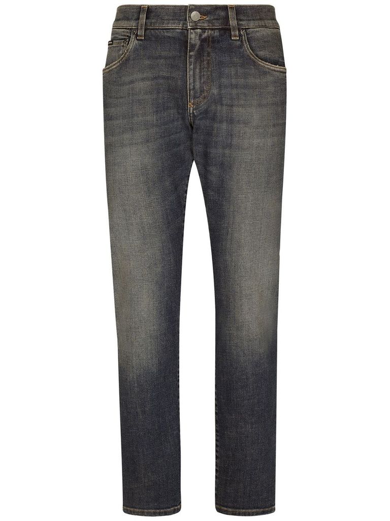 Shop Dolce & Gabbana Straight Cut Stretch Cotton Jeans With Distressed Effect In Nero