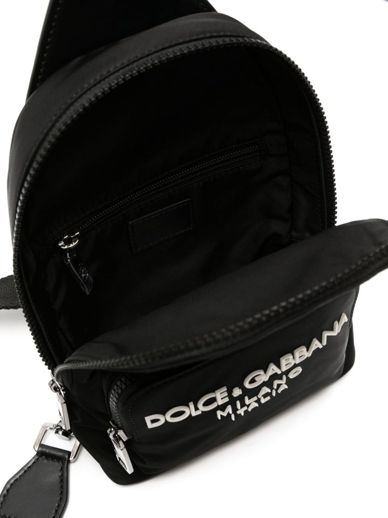 Shop Dolce & Gabbana Nylon Shoulder Backpack With Front Rubber Logo In Nero