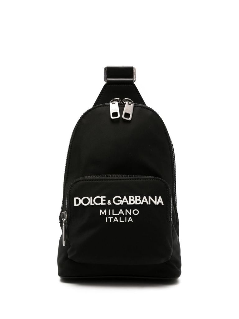 Shop Dolce & Gabbana Nylon Shoulder Backpack With Front Rubber Logo In Nero