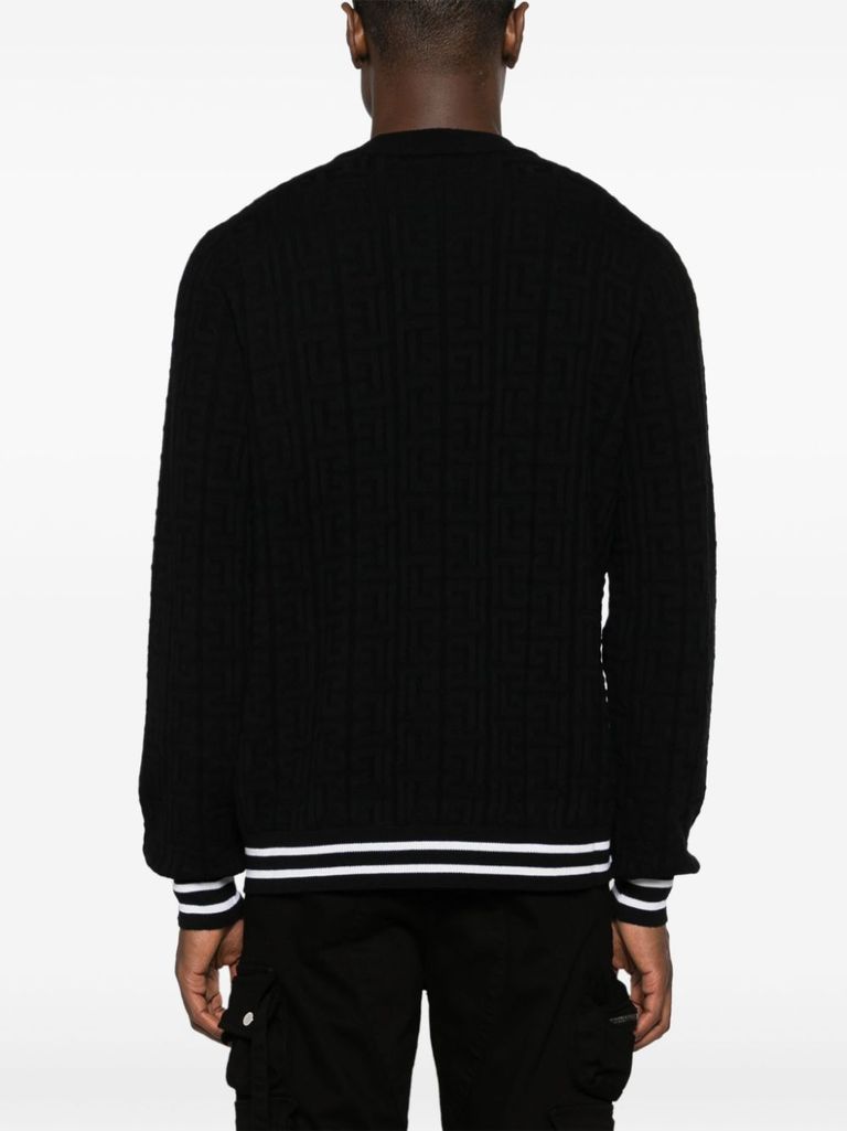 Shop Balmain Merino Wool Sweater With Stripe Detail And Jacquard Pattern In Nero