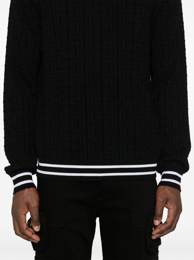 Shop Balmain Merino Wool Sweater With Stripe Detail And Jacquard Pattern In Nero