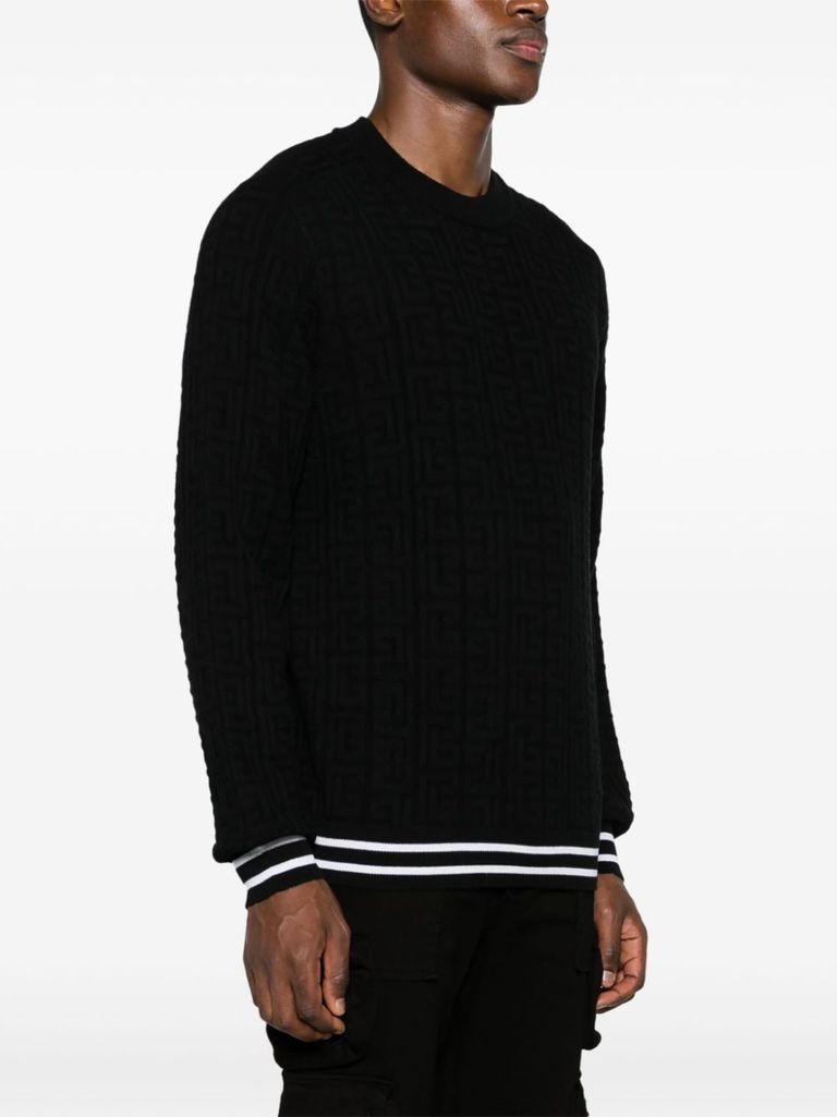 Shop Balmain Merino Wool Sweater With Stripe Detail And Jacquard Pattern In Nero