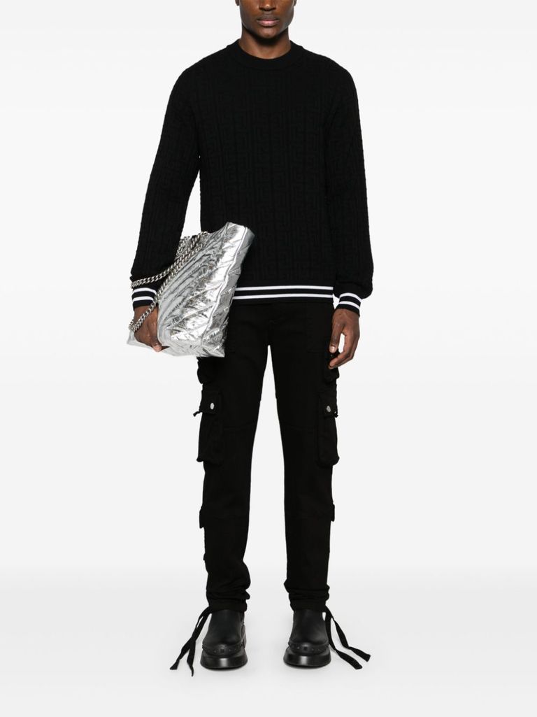 Shop Balmain Merino Wool Sweater With Stripe Detail And Jacquard Pattern In Nero