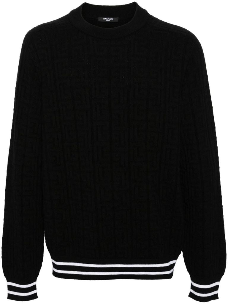 Shop Balmain Merino Wool Sweater With Stripe Detail And Jacquard Pattern In Nero