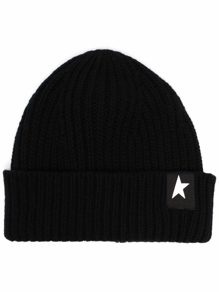 Shop Golden Goose Wool Beanie With Logo Applied To The Front In Nero