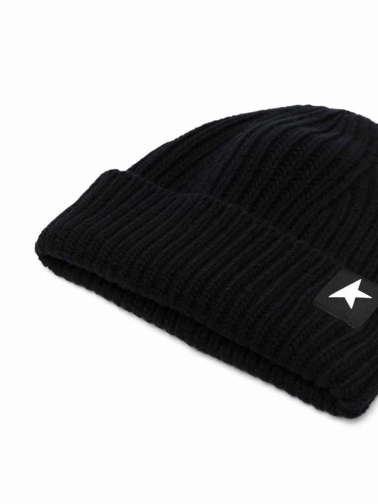 Shop Golden Goose Wool Beanie With Logo Applied To The Front In Nero