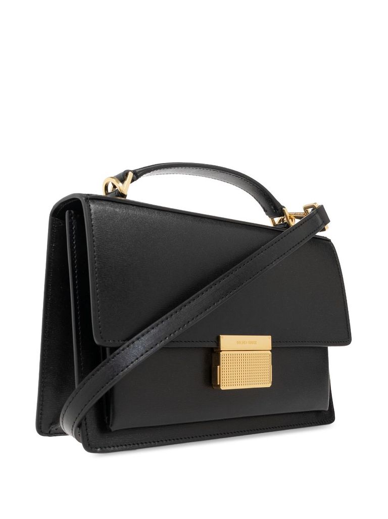 Shop Golden Goose Venetian Calf Leather Tote Bag With Clasp Closure In Nero