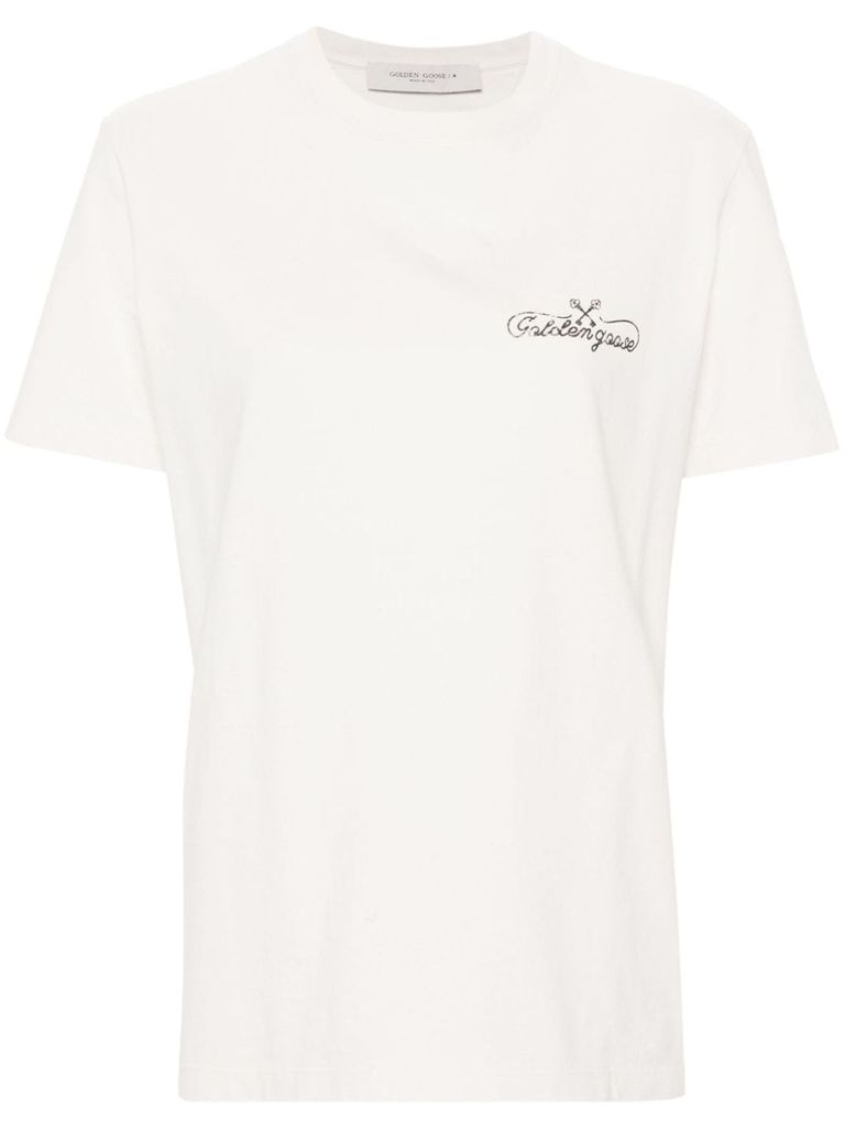 Shop Golden Goose Cotton T-shirt With Cursive Logo Printed On The Front. In Bianco