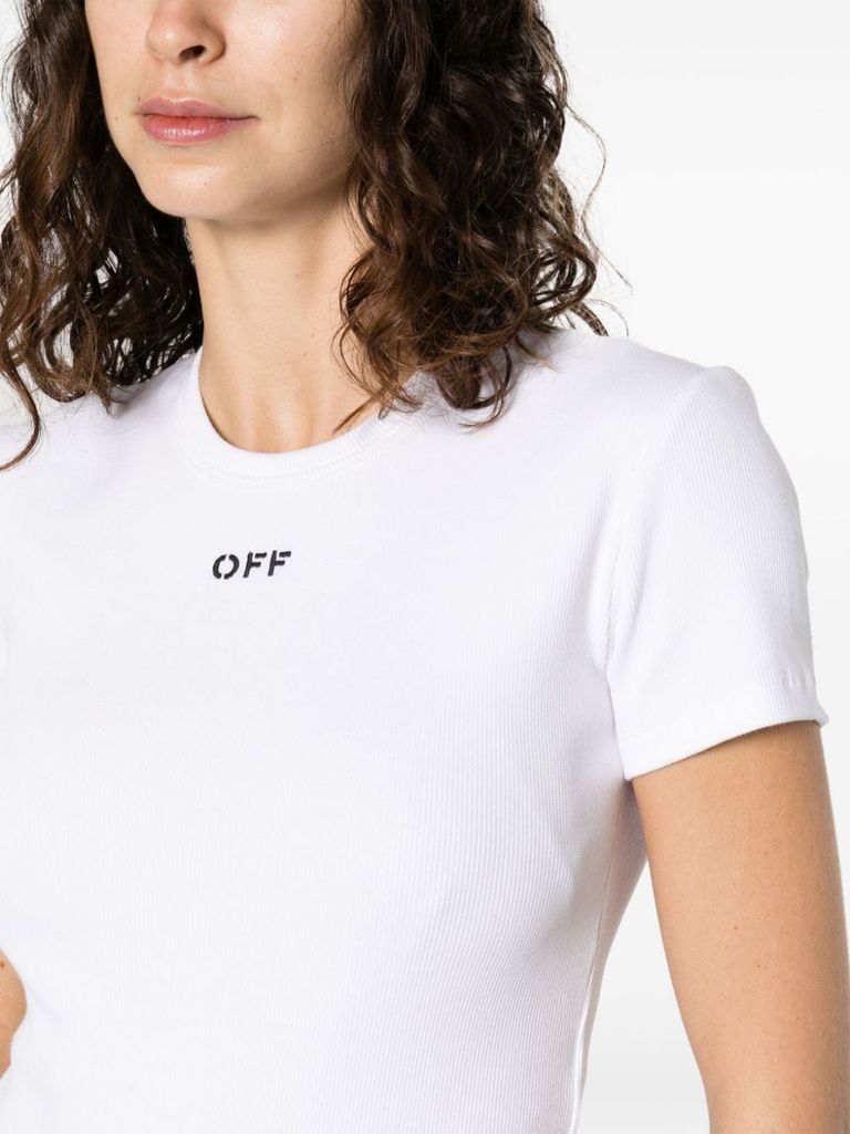 Shop Off-white White Stretch Cotton T-shirt With Black Front Logo In Slim Fit Cut In Bianco