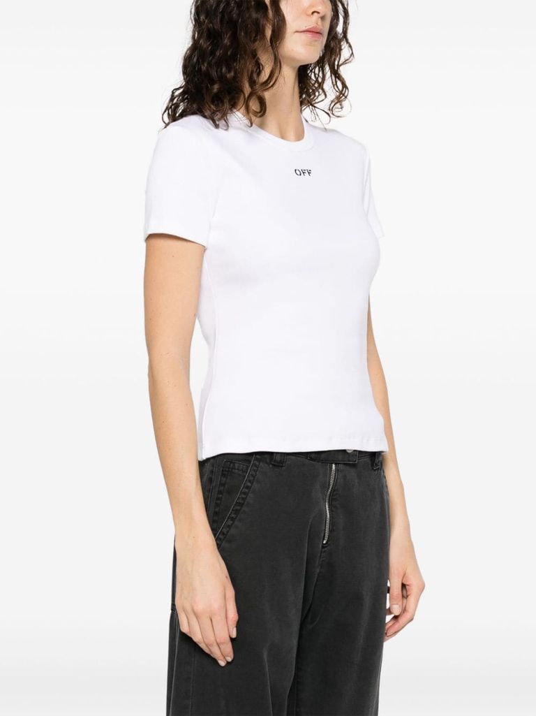 Shop Off-white White Stretch Cotton T-shirt With Black Front Logo In Slim Fit Cut In Bianco