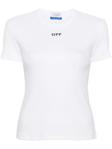 White stretch cotton T-shirt with black front logo in slim fit cut