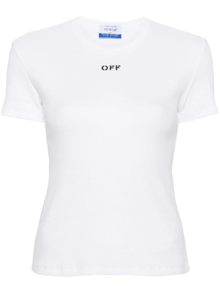 Shop Off-white White Stretch Cotton T-shirt With Black Front Logo In Slim Fit Cut In Bianco