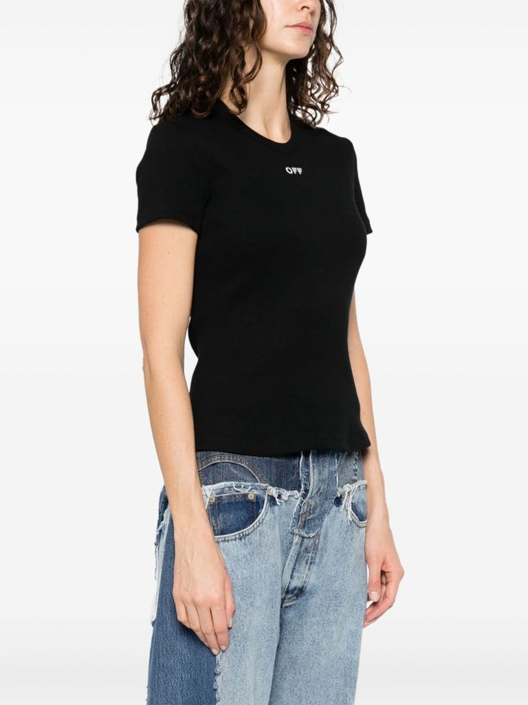 Shop Off-white Black Stretch Cotton T-shirt With White Front Logo In Slim Fit Cut In Nero