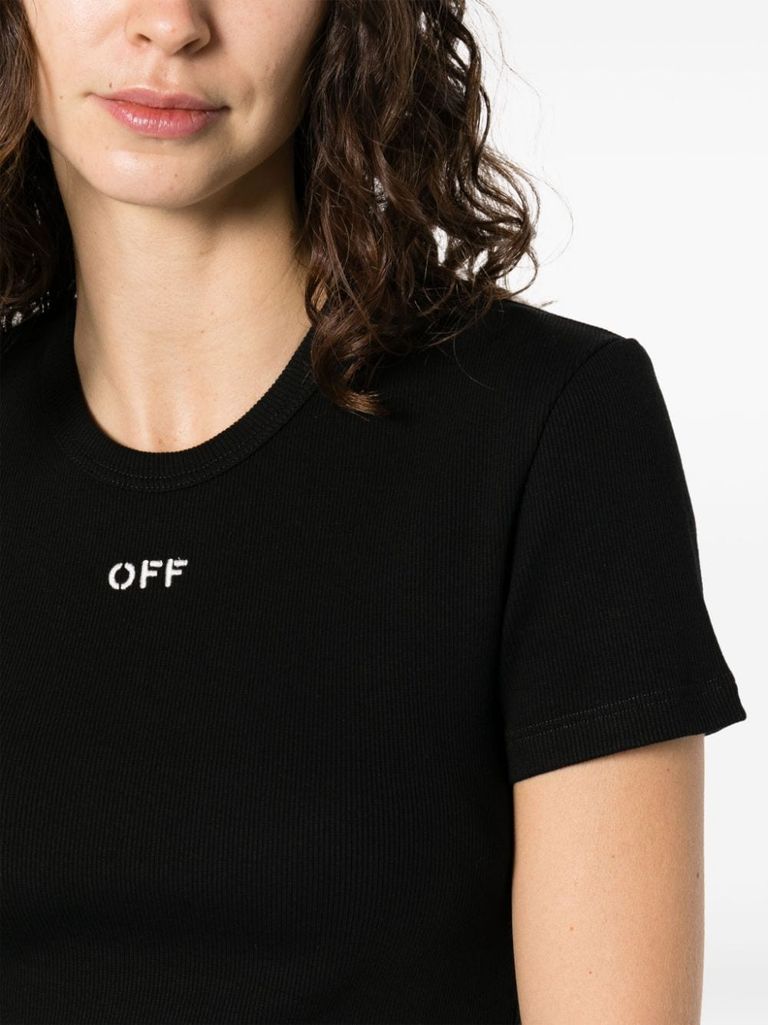 Shop Off-white Black Stretch Cotton T-shirt With White Front Logo In Slim Fit Cut In Nero