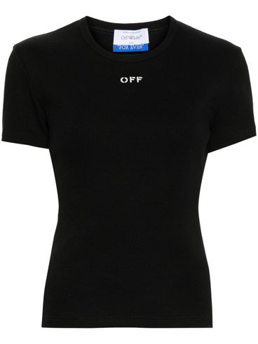 Black stretch cotton T-shirt with white front logo in slim fit cut