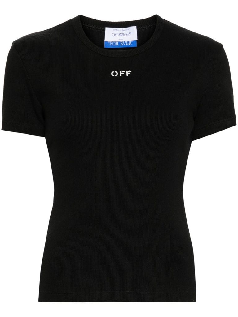 Shop Off-white Black Stretch Cotton T-shirt With White Front Logo In Slim Fit Cut In Nero