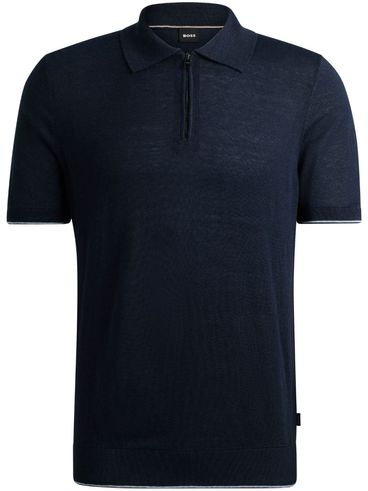 Linen and viscose blend polo with front zipper