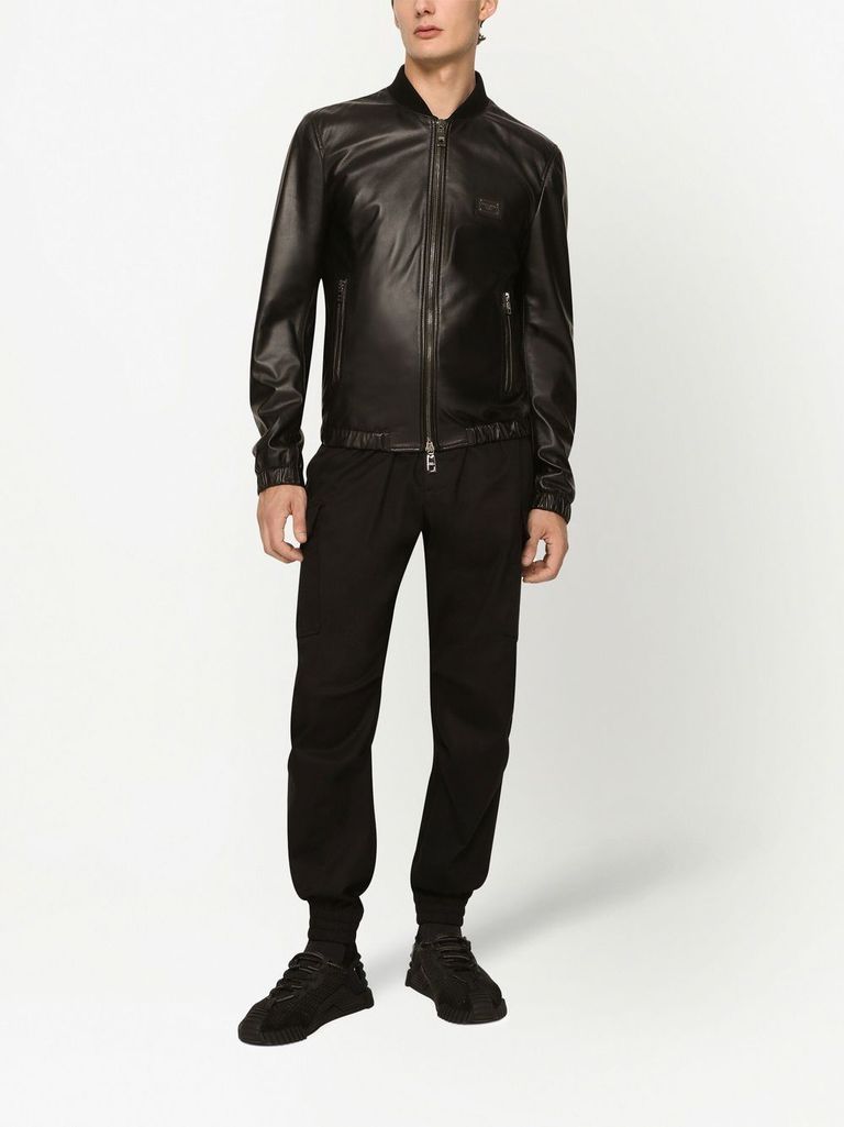 Shop Dolce & Gabbana Lamb Leather Jacket With Front Metal Logo Plaque In Nero