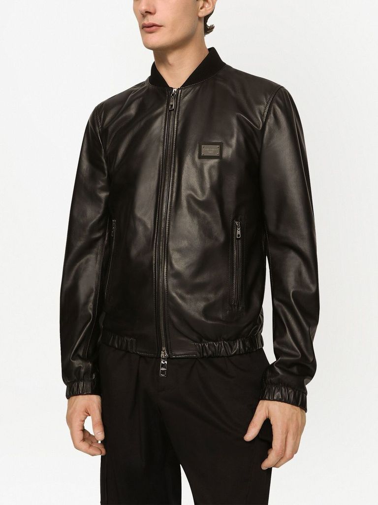 Shop Dolce & Gabbana Lamb Leather Jacket With Front Metal Logo Plaque In Nero