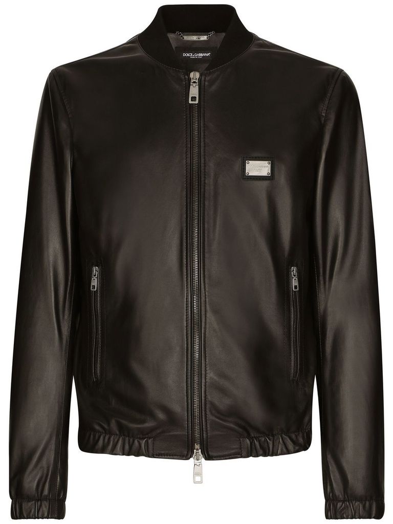 Shop Dolce & Gabbana Lamb Leather Jacket With Front Metal Logo Plaque In Nero