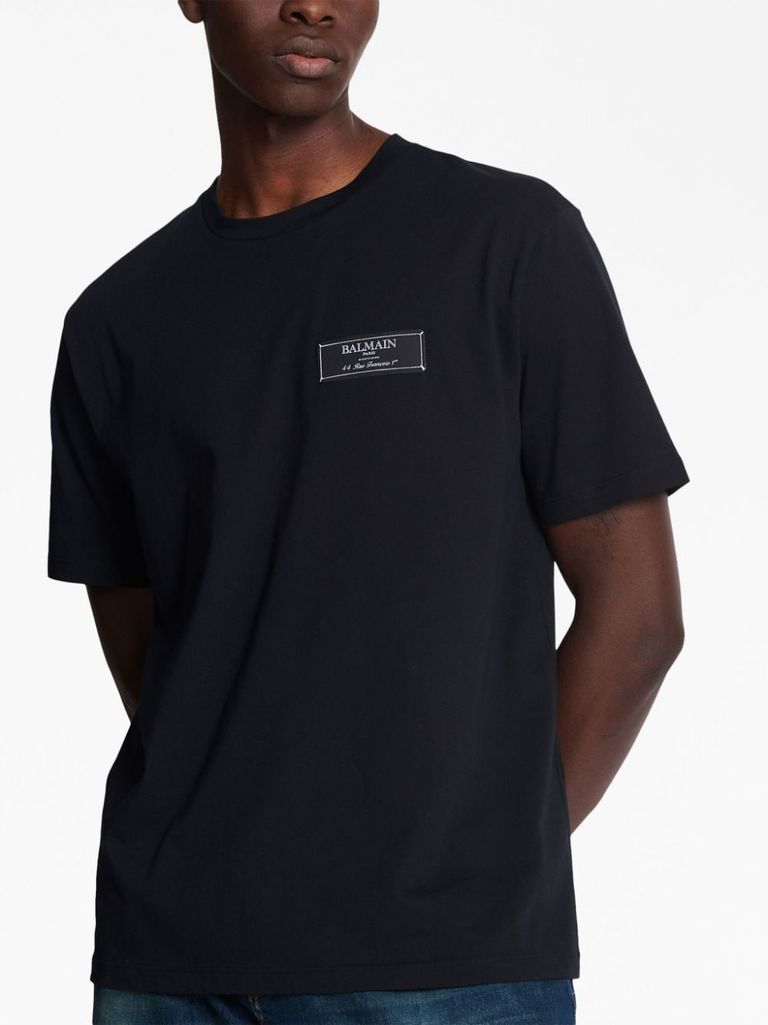 Shop Balmain Cotton T-shirt With Front Logo Label In Nero