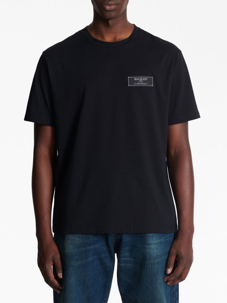 Shop Balmain Cotton T-shirt With Front Logo Label In Nero