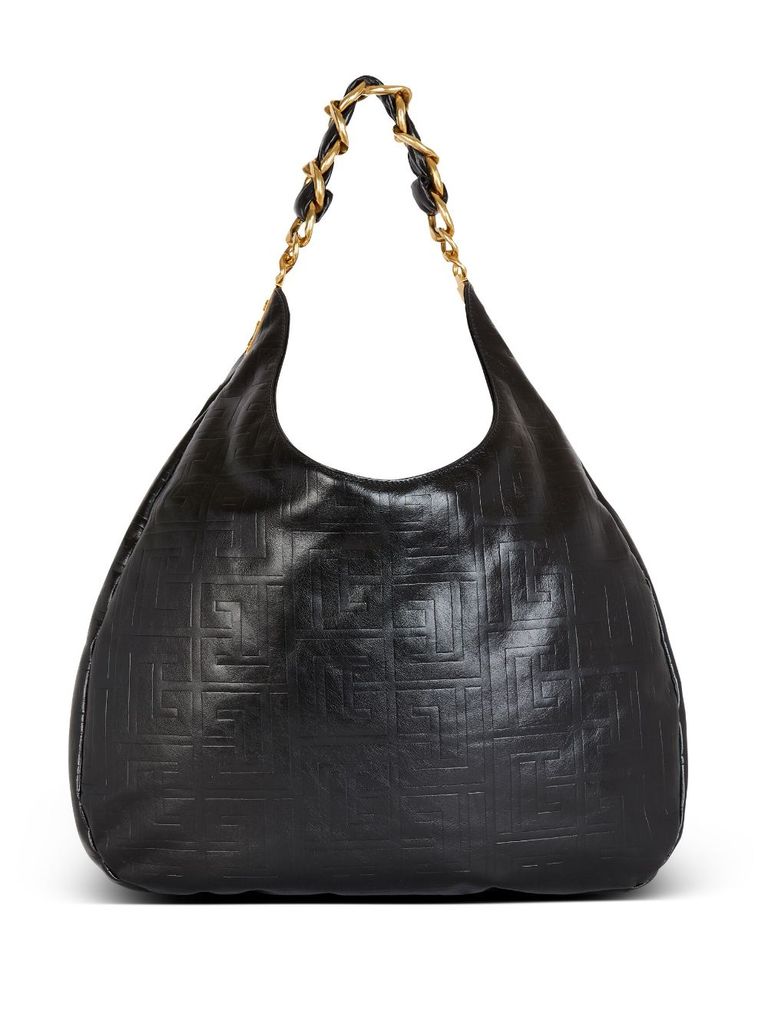 Shop Balmain Large Hobo 1945 Shoulder Bag In Calf Leather With Front Logo In Nero