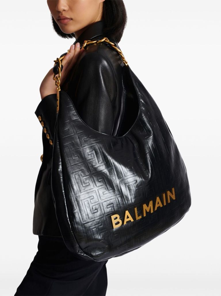 Shop Balmain Large Hobo 1945 Shoulder Bag In Calf Leather With Front Logo In Nero