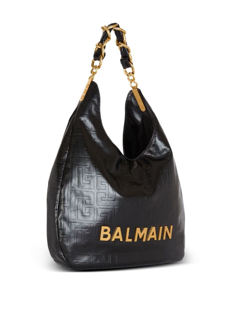 Shop Balmain Large Hobo 1945 Shoulder Bag In Calf Leather With Front Logo In Nero