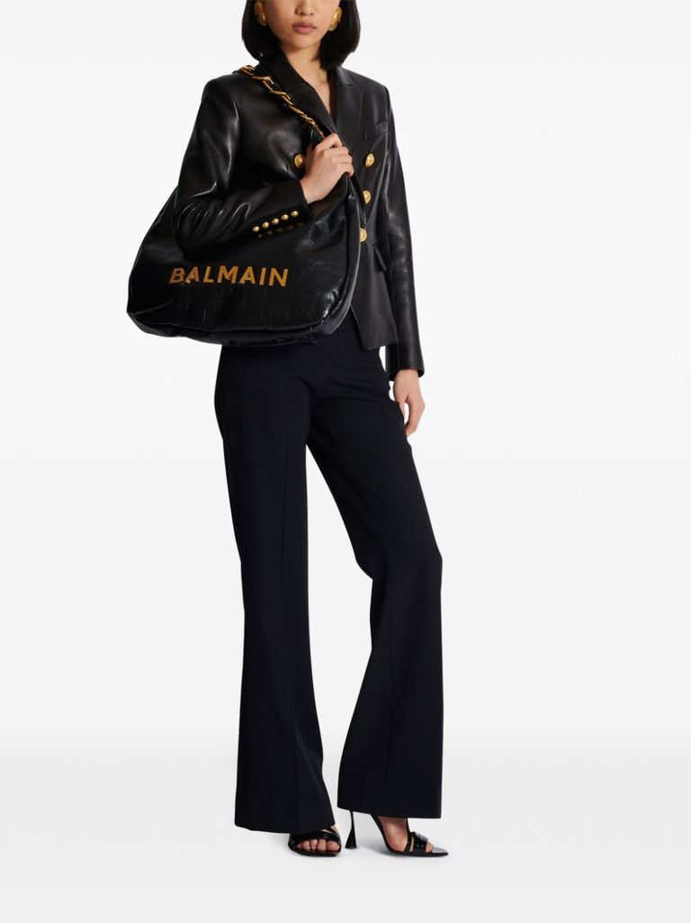 Shop Balmain Large Hobo 1945 Shoulder Bag In Calf Leather With Front Logo In Nero