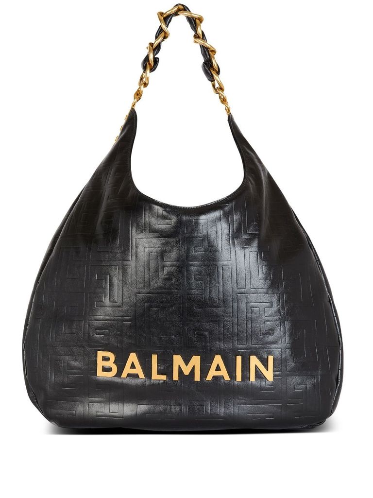 Shop Balmain Large Hobo 1945 Shoulder Bag In Calf Leather With Front Logo In Nero