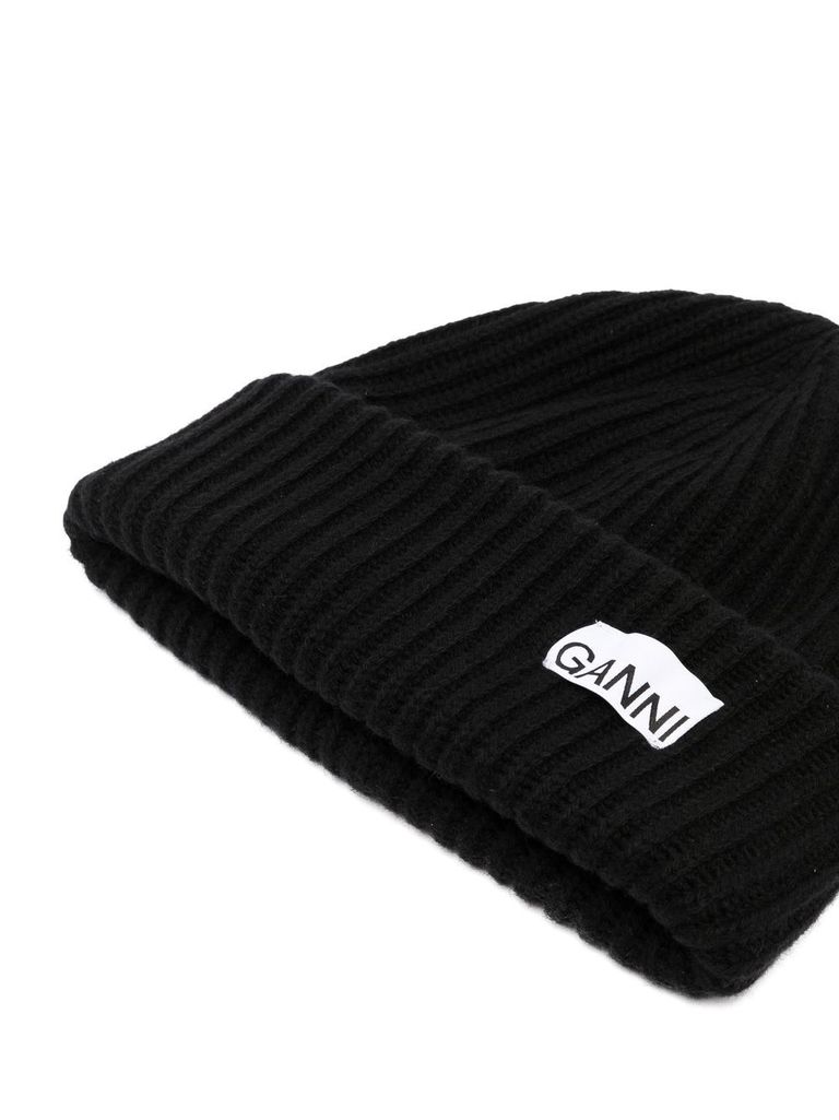 Shop Ganni Ribbed Beanie In Recycled Wool In Nero