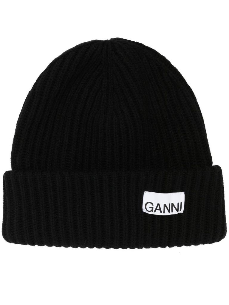 Shop Ganni Ribbed Beanie In Recycled Wool In Nero