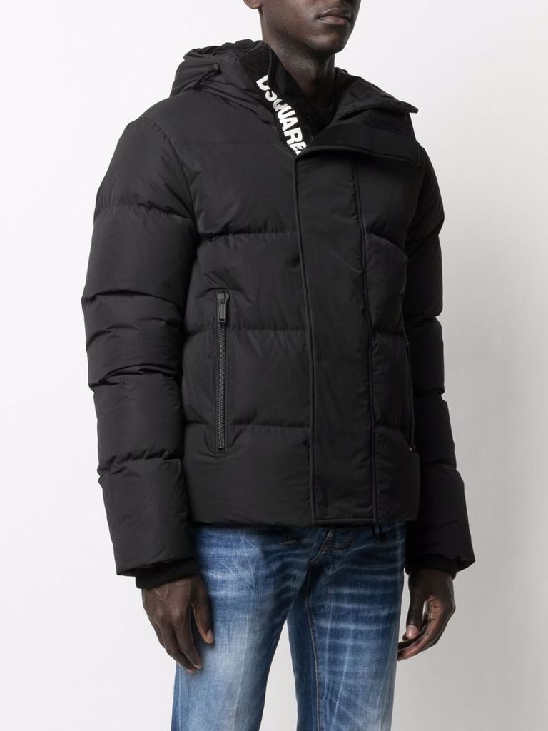 Shop Dsquared2 Short Padded Down Jacket With Logo Print In Nero