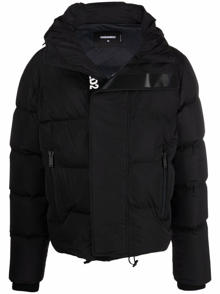 Shop Dsquared2 Short Padded Down Jacket With Logo Print In Nero