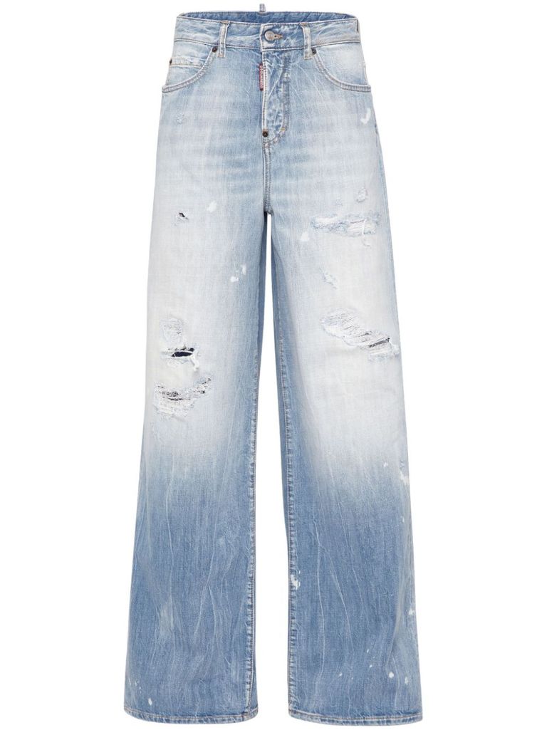 Shop Dsquared2 Wide-leg Cotton Jeans With A Worn Effect In Blu