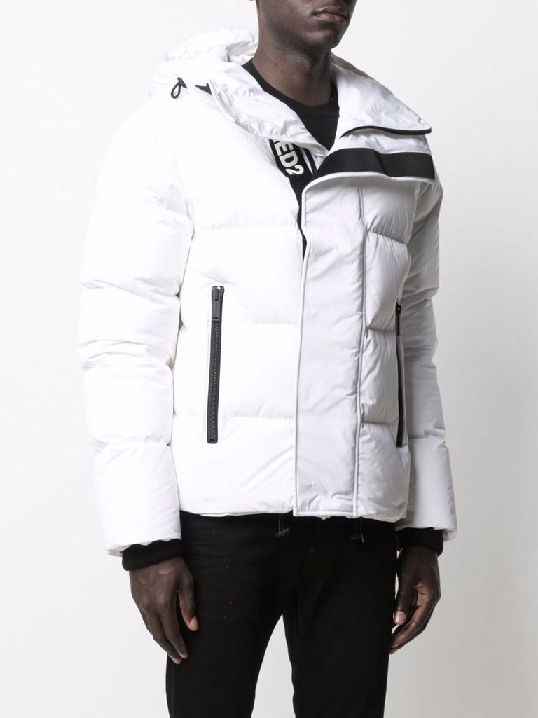 Shop Dsquared2 Short Padded Down Jacket With Logo Print In Bianco