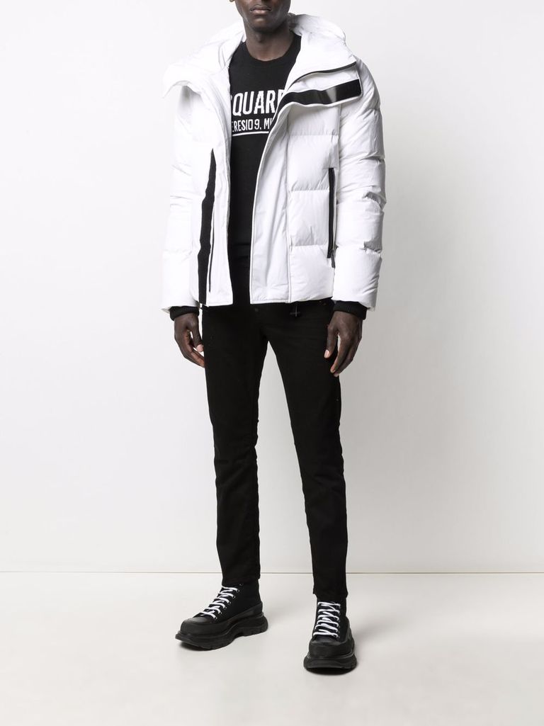 Shop Dsquared2 Short Padded Down Jacket With Logo Print In Bianco