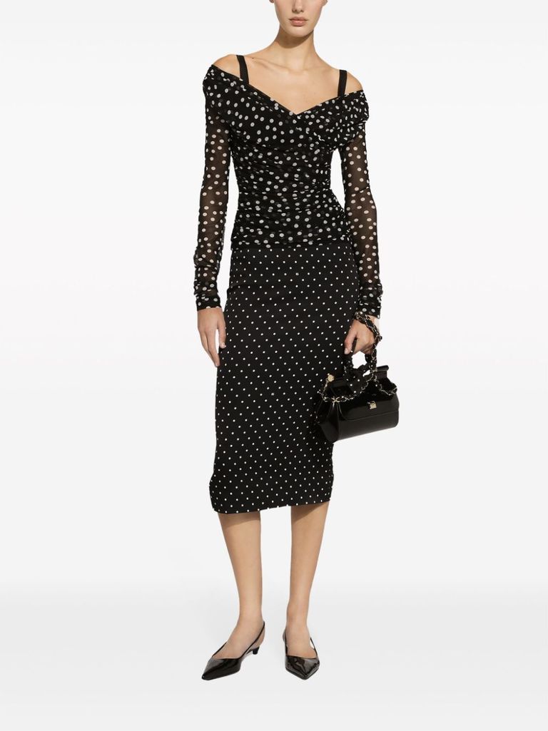 Shop Dolce & Gabbana Stretch Silk Midi Pencil Skirt With Polka Dot Print In Nero