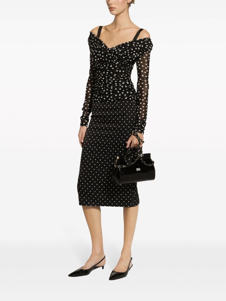 Shop Dolce & Gabbana Stretch Silk Midi Pencil Skirt With Polka Dot Print In Nero