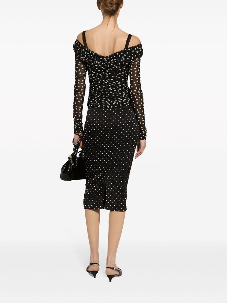 Shop Dolce & Gabbana Stretch Silk Midi Pencil Skirt With Polka Dot Print In Nero