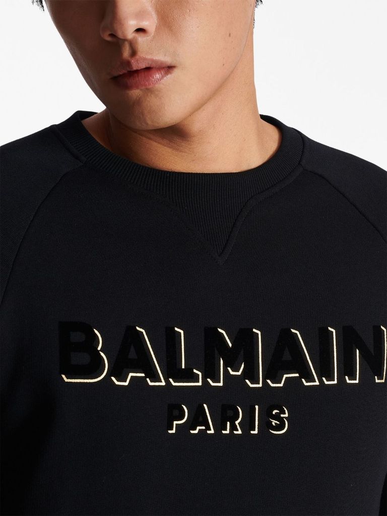 Shop Balmain Cotton Crew Neck Sweatshirt With Printed Logo On The Chest In Nero