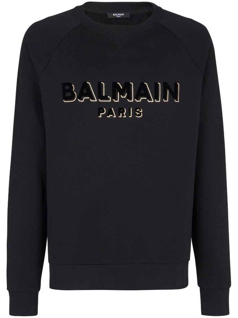 Shop Balmain Cotton Crew Neck Sweatshirt With Printed Logo On The Chest In Nero