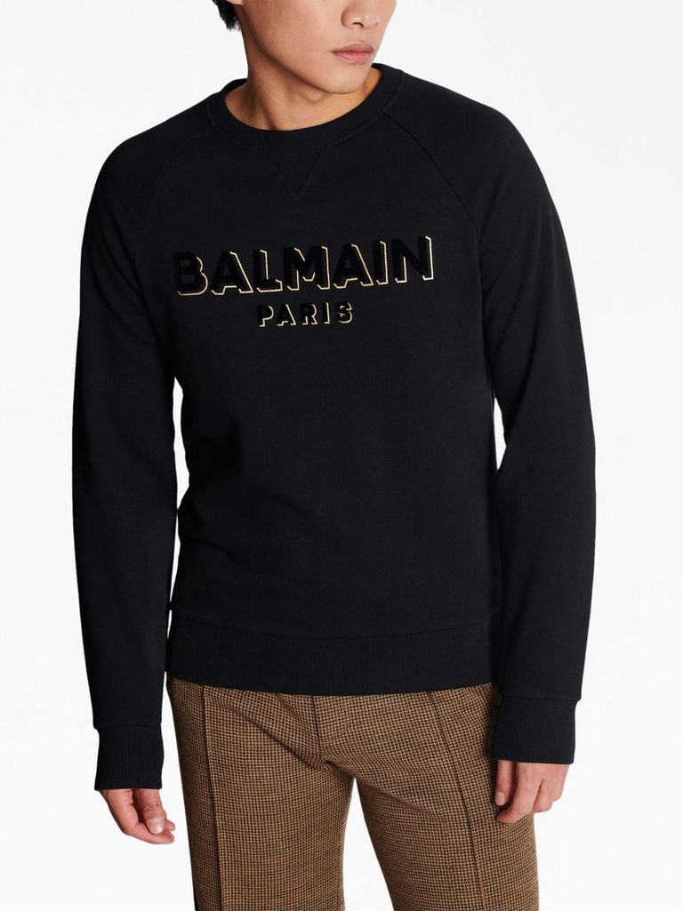 Shop Balmain Cotton Crew Neck Sweatshirt With Printed Logo On The Chest In Nero