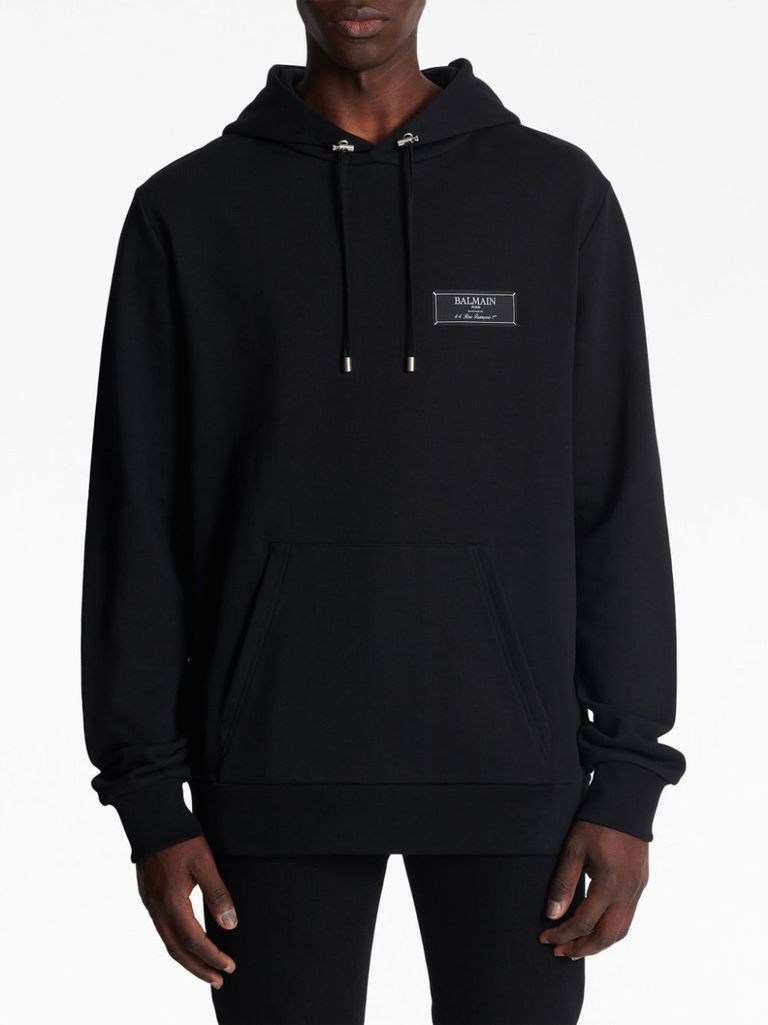 Shop Balmain Iconic Cotton Hoodie In Nero